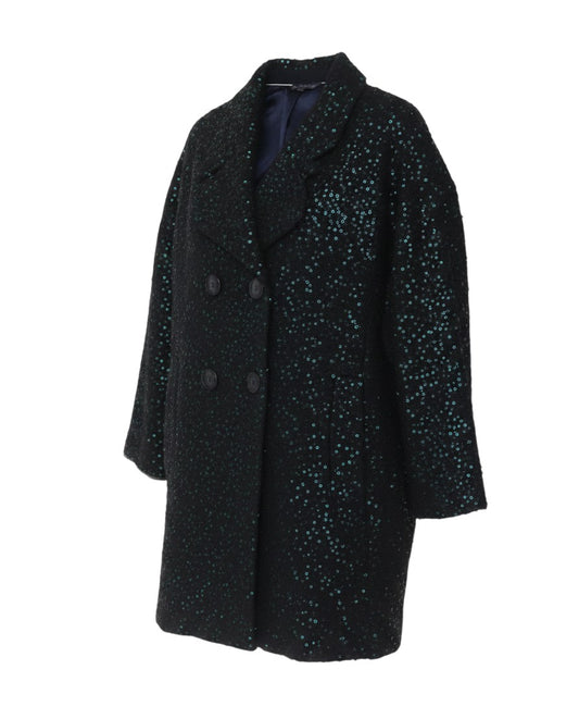 Prewornwholesale M&S black double-breasted pea coat featuring all-over teal sequin embellishments and a collared neck.