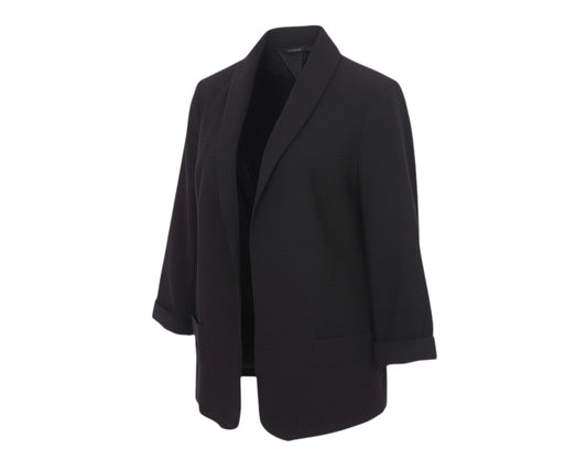 Prewornwholesale black longline tuxedo blazer with shawl lapel and turned cuffs in a tailored woven stretch fabric