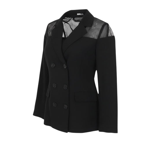 Prewornwholesale Unique21 black double-breasted blazer with sheer mesh shoulder panels and peak lapels