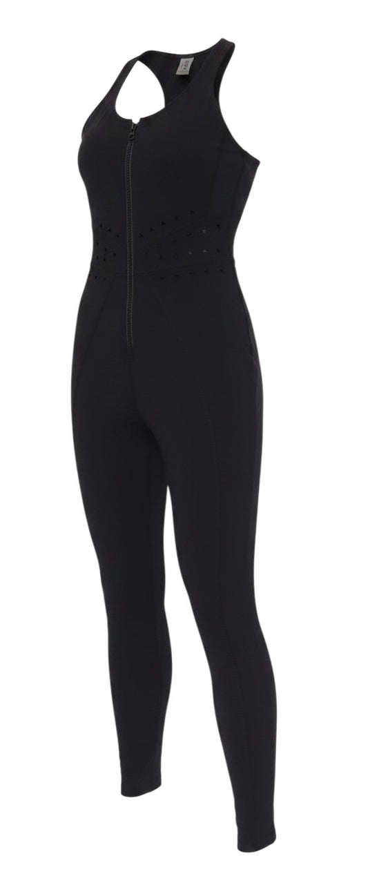 Prewornwholesale GIGI C black sleeveless zipped yoga tracksuit with scoop neckline and laser-cut waist detail.