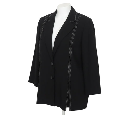 Prewornwholesale Claudia Stevens black tailored blazer with white contrast stitching and notch lapels in size 24