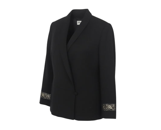 Prewornwholesale vintage black wool-blend tuxedo blazer with shawl lapel and gold floral embroidered cuffs