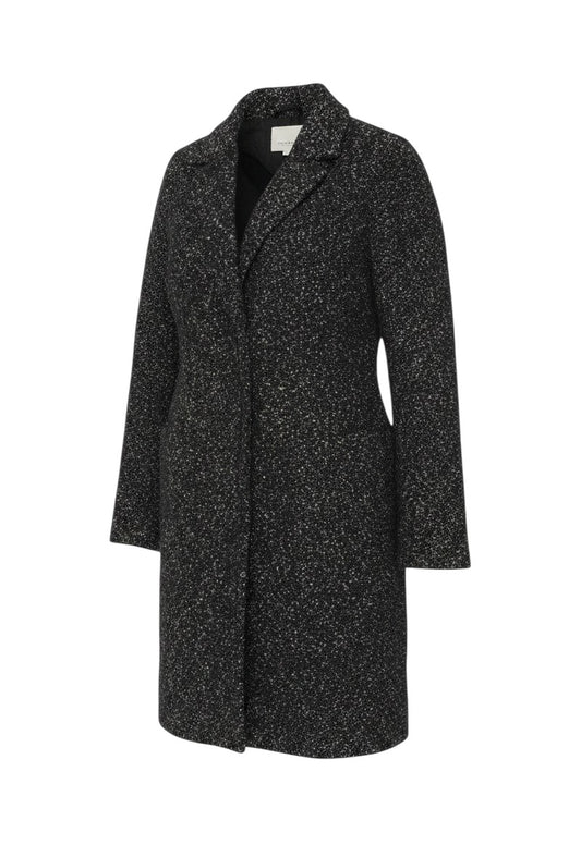 Prewornwholesale black tweed mid-length overcoat with lapel collar and single-breasted button closure.