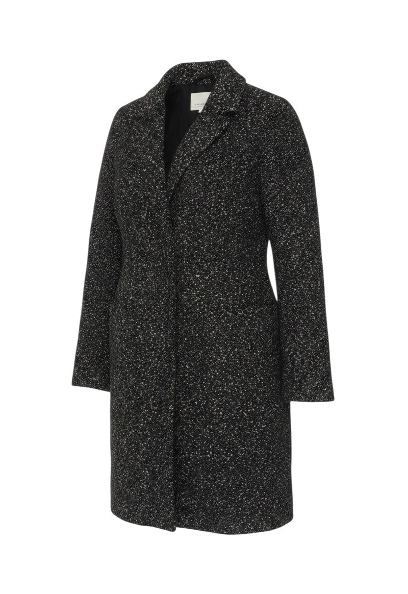 Prewornwholesale Great Plains black tweed mid-length overcoat with lapel collar and single-breasted button closure.