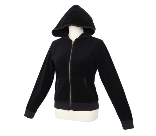 Prewornwholesale black velour full-zip hoodie with a hood and front pockets on a mannequin