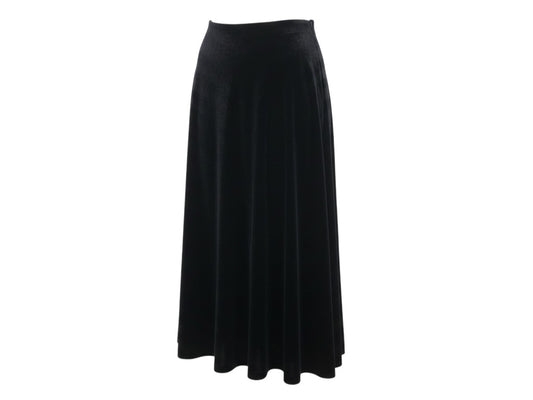 Prewornwholesale black velvet A-line knee-length skirt with a soft sheen and comfortable pull-on elasticated waistband.