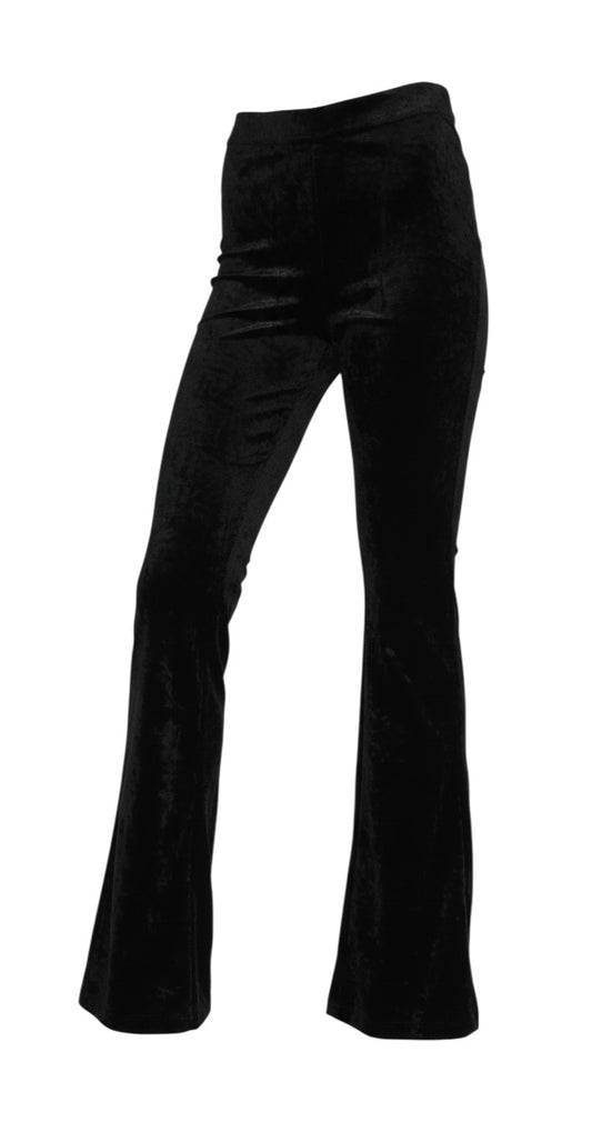 Prewornwholesale petite black velvet flared leggings with a high-rise elasticated waistband and soft stretch fabric.