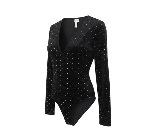 Prewornwholesale black velvet long-sleeve bodysuit with a deep V-neck and sparkling rhinestone stud embellishments.