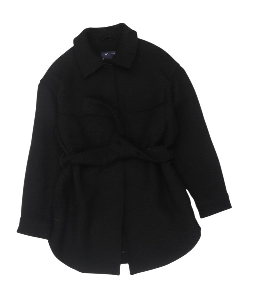 Prewornwholesale black wool blend belted overcoat with a collared neckline and front pockets for women.
