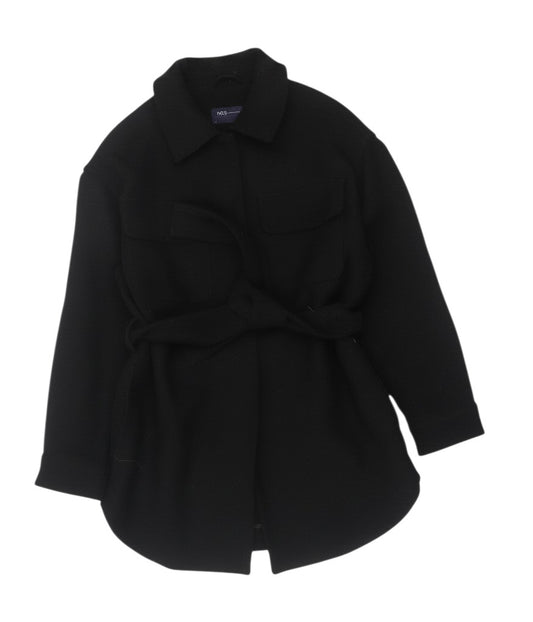 Prewornwholesale black wool blend belted overcoat with a collared neckline and front pockets for women.