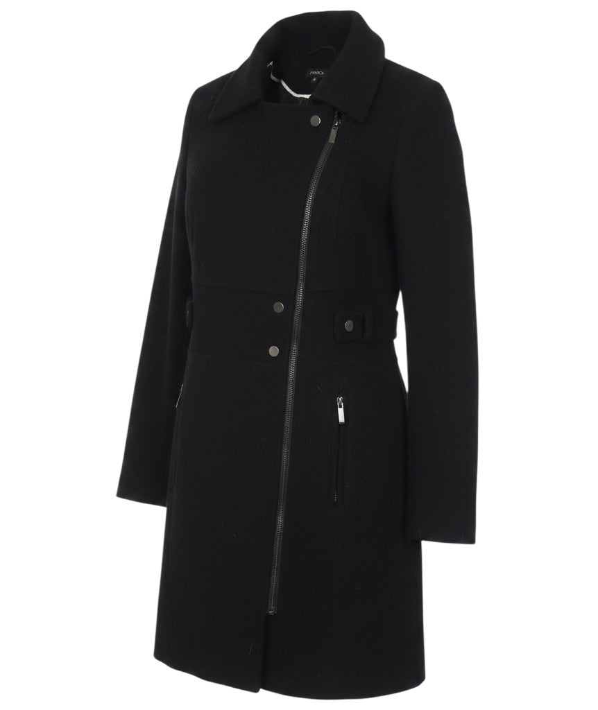 Prewornwholesale black wool blend long coat for women featuring a full-zip front, collar, and tailored silhouette.