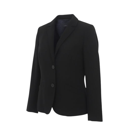 Prewornwholesale black wool blend tailored blazer with notch lapels and two-button front closure