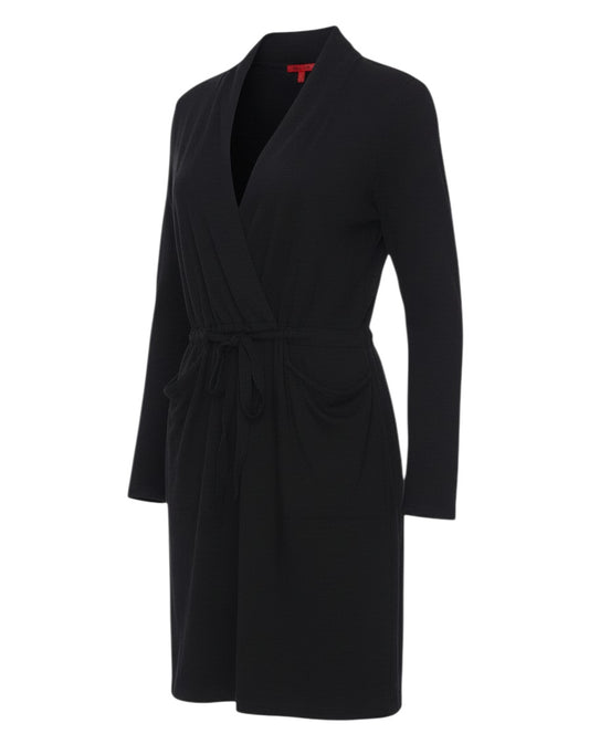 Prewornwholesale black long sleeve wrap-style jumper dress with a drawstring waist and front pockets