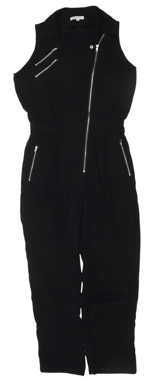 Prewornwholesale black sleeveless jumpsuit with silver zip front and utility pocket details on a white background.