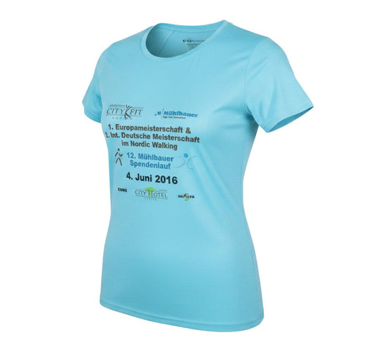 Prewornwholesale women's blue active t-shirt featuring Nordic Walking event graphics on the front