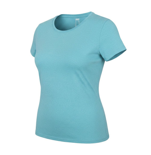 Prewornwholesale blue short sleeve activewear T-shirt with a crew neckline in a soft moisture-wicking jersey fabric.