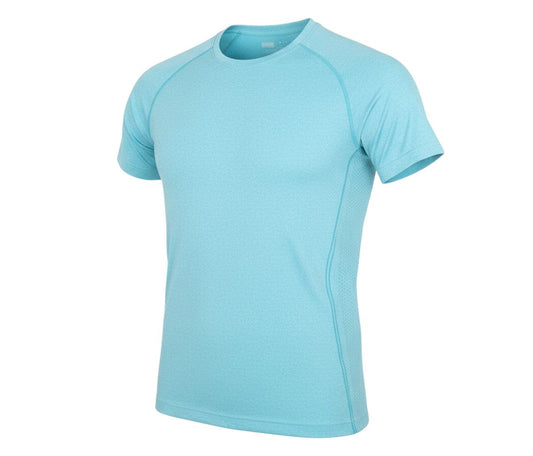 Prewornwholesale blue short-sleeve athletic T-shirt with crew neck, made from breathable moisture-wicking knit fabric.