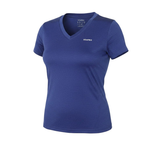 Prewornwholesale blue US PRO women's athletic V-neck T-shirt in a lightweight, moisture-wicking performance fabric.