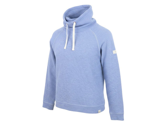 Prewornwholesale blue cotton blend pullover sweatshirt with a high drawstring neckline and raglan sleeves.