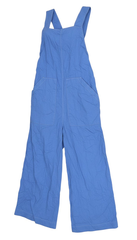 Prewornwholesale blue cotton wide-leg dungaree jumpsuit with square neckline and side pockets