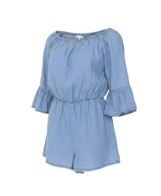 Prewornwholesale blue cotton denim-look off-shoulder playsuit with bell sleeves and elasticated waist