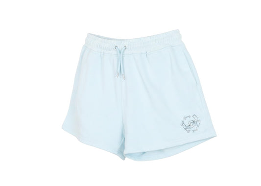 Prewornwholesale light blue Disney sweat shorts with an elastic drawstring waist and embroidered character detail.