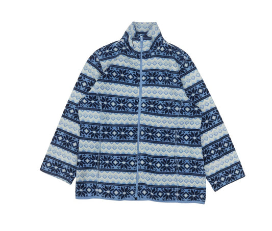 Prewornwholesale women's blue Fair Isle fleece jacket with a full zip closure and stand collar in soft polyester.