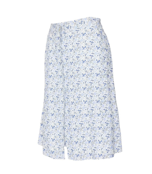 Prewornwholesale blue and white floral print cotton midi A-line skirt with button-through front detail