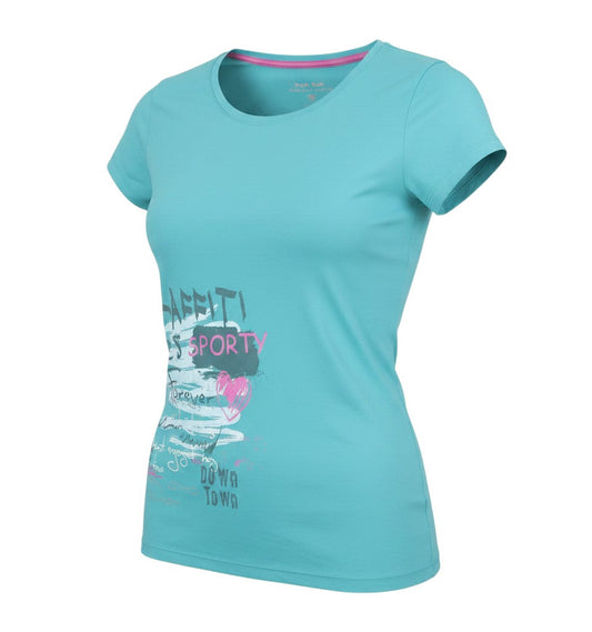 Prewornwholesale blue women's activewear T-shirt with short sleeves, round neck, and graphic print in size XL.