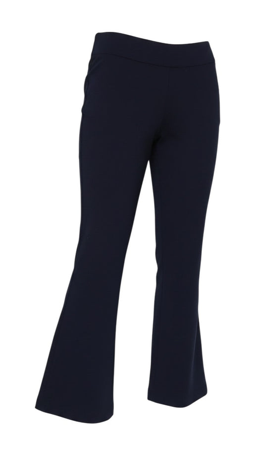 Prewornwholesale blue high-rise flared leggings in a comfortable stretch ponte fabric with a smooth pull-on waistband.