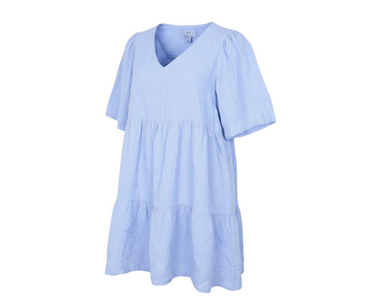 Prewornwholesale Marks and Spencer blue linen blend A-line dress with V-neck, short sleeves, and tiered ruffle hem.