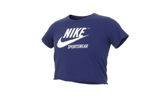 Prewornwholesale blue Nike athletic t-shirt with white logo print, crew neck, and short sleeves.