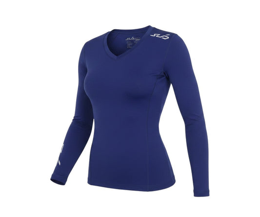 Prewornwholesale blue SVD women's long-sleeve nylon V-neck pullover athletic shirt with white logo detailing