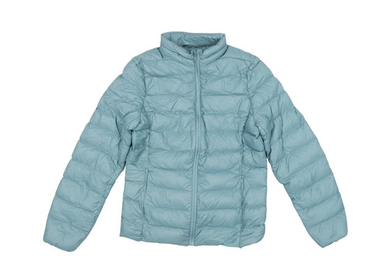 Prewornwholesale Marks and Spencer women's light blue quilted puffer jacket with a high collar and zip-up front.
