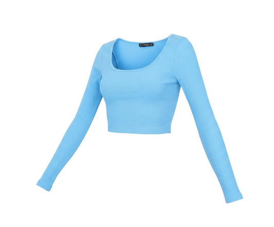 Prewornwholesale blue ribbed long sleeve cropped top with a scoop neckline in a slim fit cotton blend fabric.