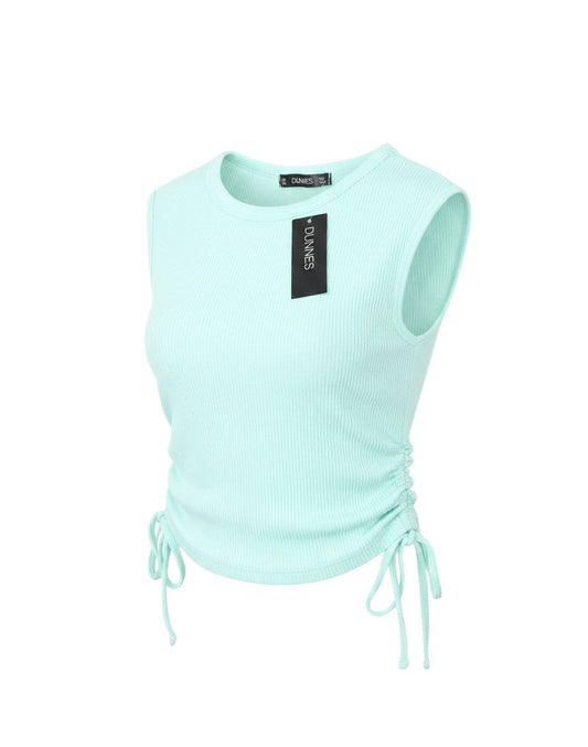 Prewornwholesale Dunnes Stores light blue ribbed tank top with round neck and adjustable ruched sides