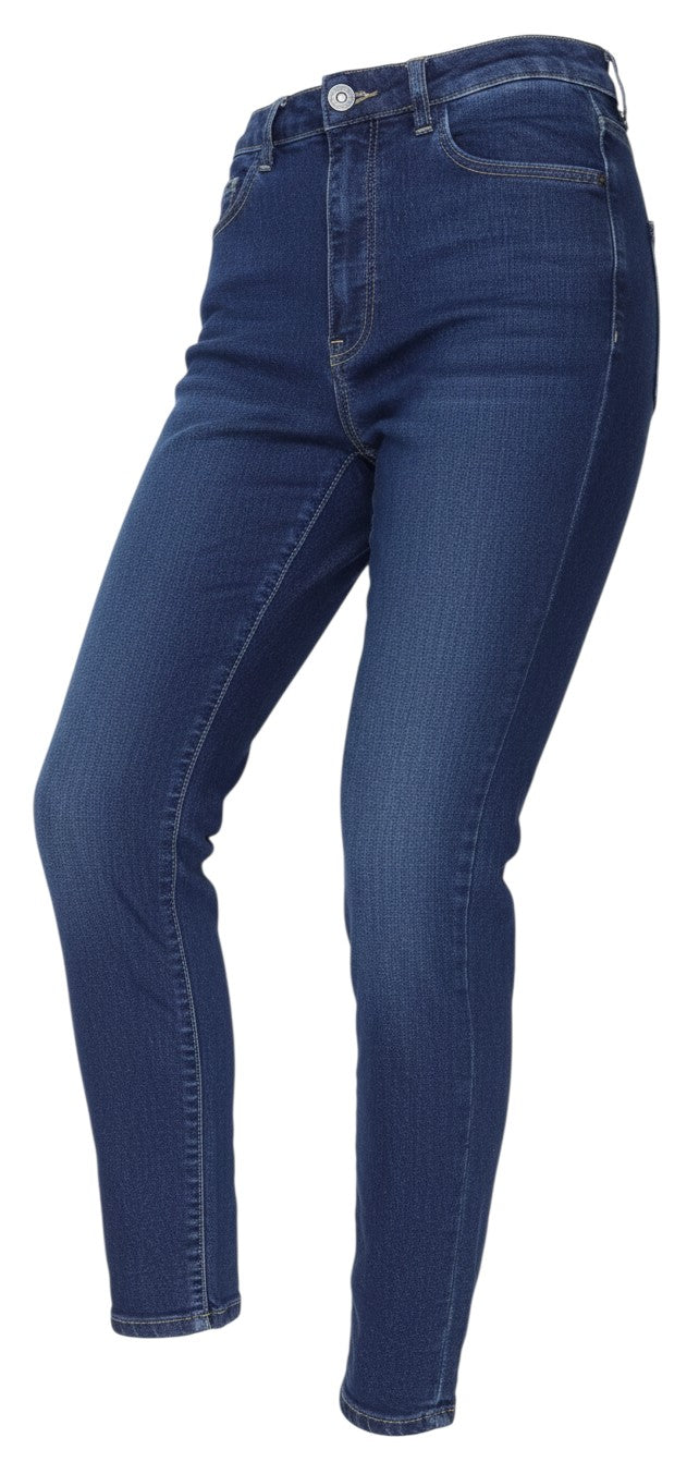 Prewornwholesale women's medium wash blue skinny jeans with button accent and 5-pocket denim design