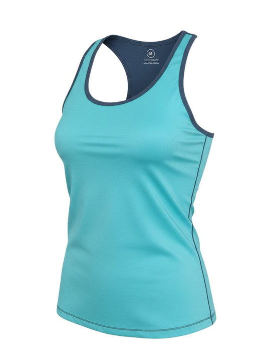 Prewornwholesale women's blue sleeveless polyester tank top with racerback design for gym and activewear.