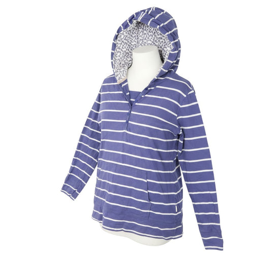 Prewornwholesale blue and white striped cotton pullover hoodie with a floral lined hood and button Henley neckline.