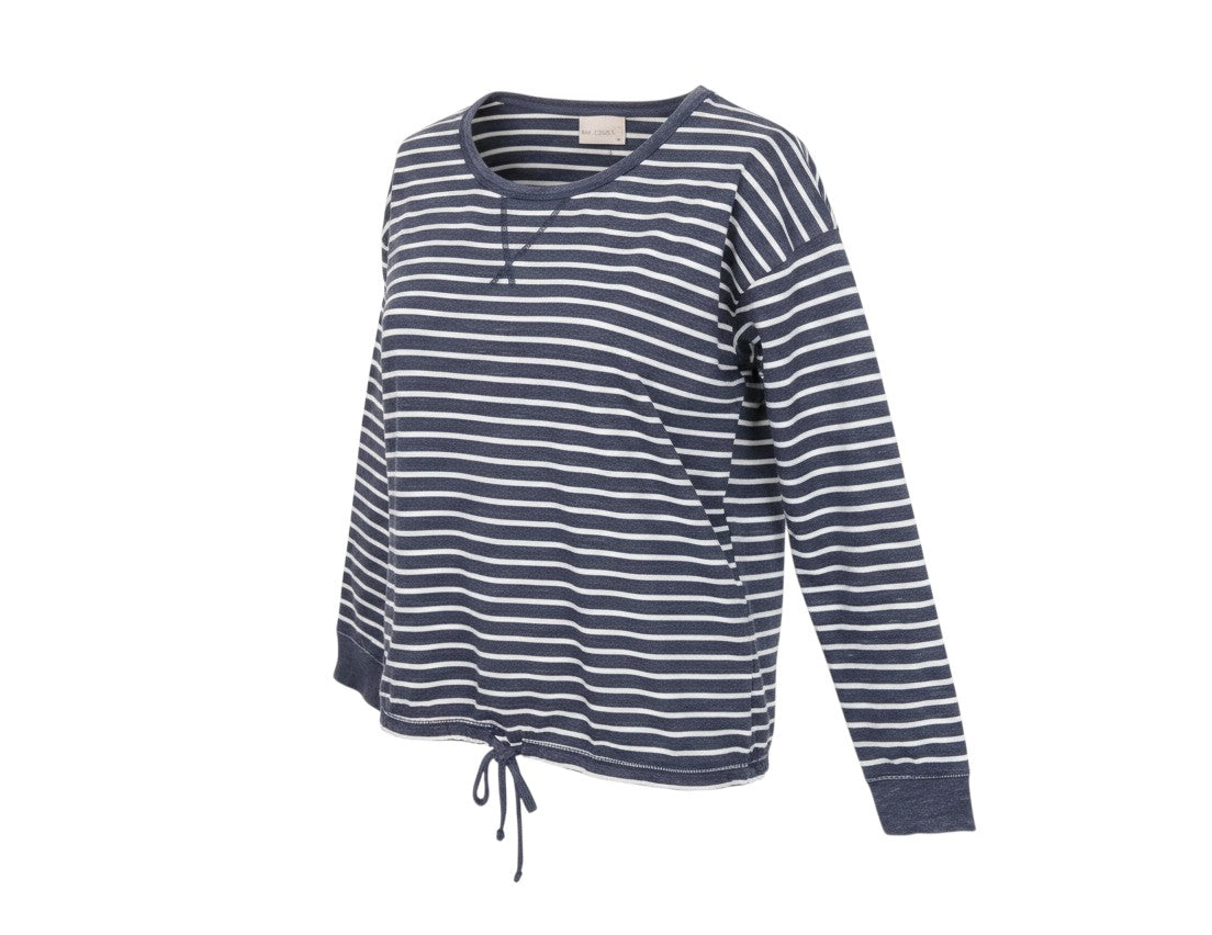 Prewornwholesale blue and white striped cotton blend pullover sweatshirt with crew neck and drawstring hem