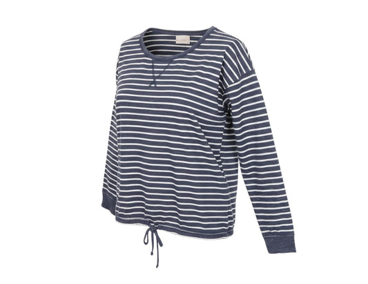 Prewornwholesale blue and white striped cotton blend pullover sweatshirt with crew neck and drawstring hem