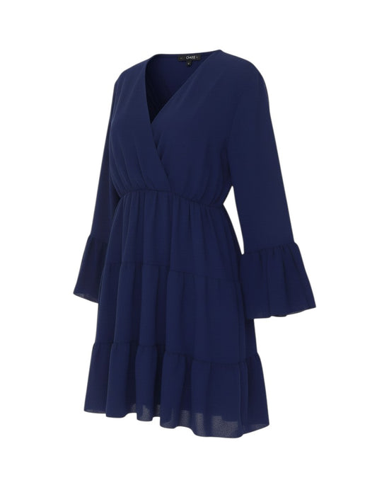 Prewornwholesale Quiz blue knee-length fit and flare dress with V-neck, long bell sleeves, and a tiered ruffle skirt.