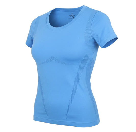 Prewornwholesale blue short-sleeve training t-shirt with crew neck and breathable knit texture for gym workouts.