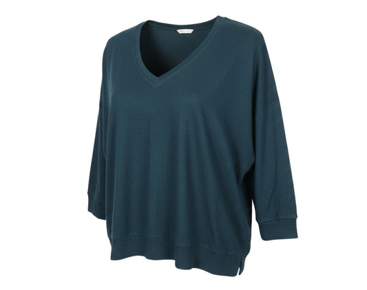 Prewornwholesale dark blue velour V-neck pullover sweatshirt with long sleeves and side split hem detail