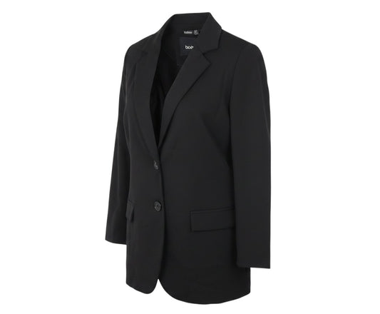 Prewornwholesale Boohoo black tailored blazer with two-button front, notch lapels, and long sleeves.