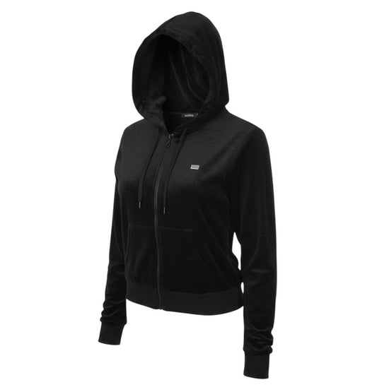 Prewornwholesale Boohoo black velour full zip hoodie with hood, ribbed cuffs, and hem in a soft polyester blend