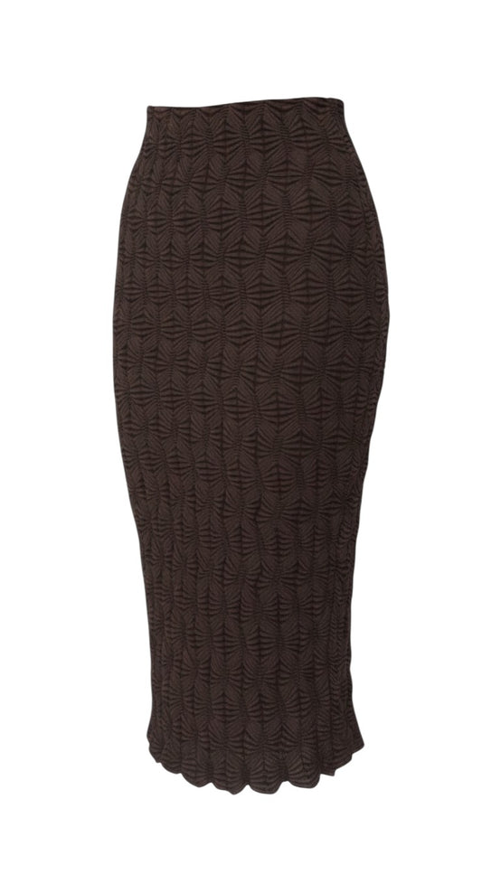 Prewornwholesale River Island brown animal print long pencil skirt with textured pleated fabric and scalloped hem