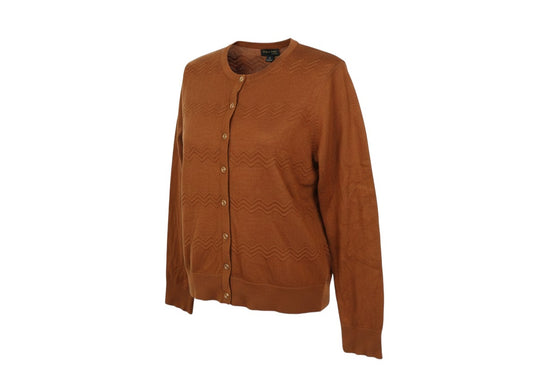 Prewornwholesale Tenney Rose brown button-up cardigan with geometric zigzag knit texture and ribbed trim details.