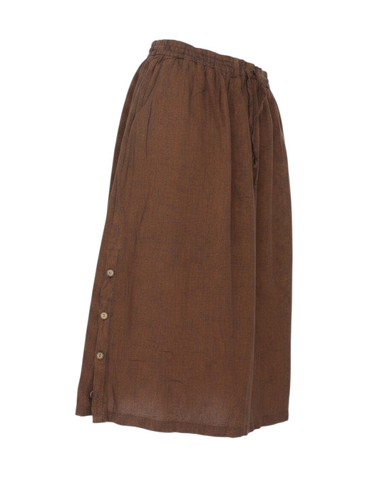 Prewornwholesale Poetry brown linen blend midi skirt with drawstring waist, side buttons, and pockets.