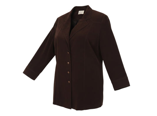 Prewornwholesale Elvi dark brown long blazer coat with five buttons, notched lapels, and a tailored plus-size fit.